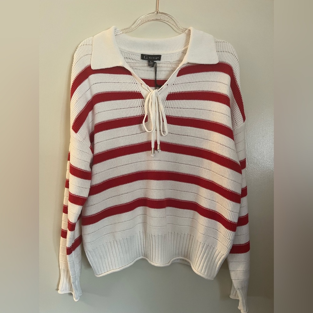 Collared V-Neck Red & Ivory Striped Knit Sweater